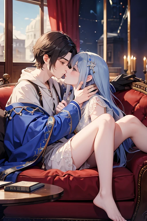 princess carry,(1 girl, accurate anatomy, big breast, closed eyes, parted lips, detailed face, priest, torn clothes, black robe, white underwear, full body, face up)+(1boy, looking at the girl), scenery, from side, detailed background
