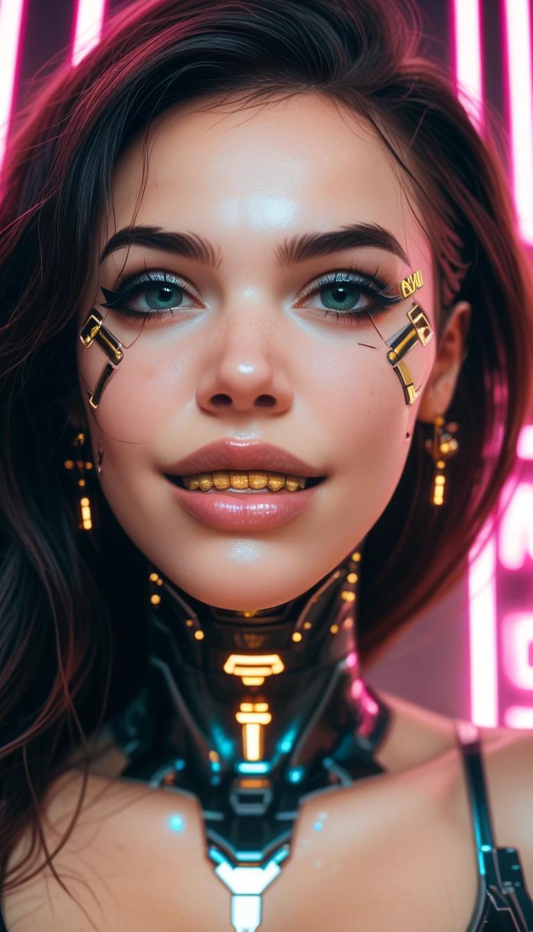 masterpiece, close-up of a robot woman's face, there are parts of the skin of the face that are torn off and contain circuits and microchips, cyberpunk style work in 8K high definition, the character smiles happily and a gold tooth appears between her teeth, Your environment is a tangle of intricate circuits connected to neon lights and intricate geometric structures.