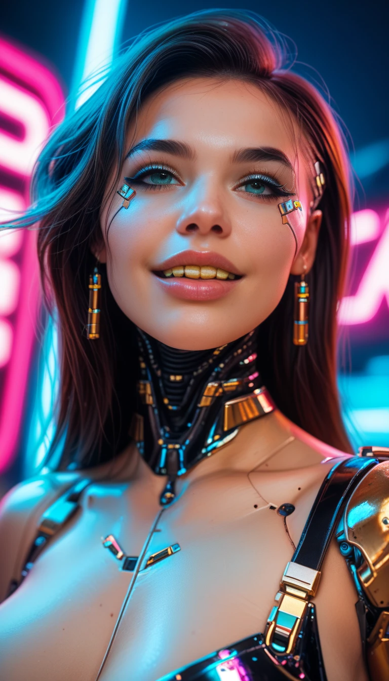 masterpiece, close-up of a robot woman's face, there are parts of the skin of the face that are torn off and contain circuits and microchips, cyberpunk style work in 8K high definition, the character smiles happily and a gold tooth appears between her teeth, Your environment is a tangle of intricate circuits connected to neon lights and intricate geometric structures.