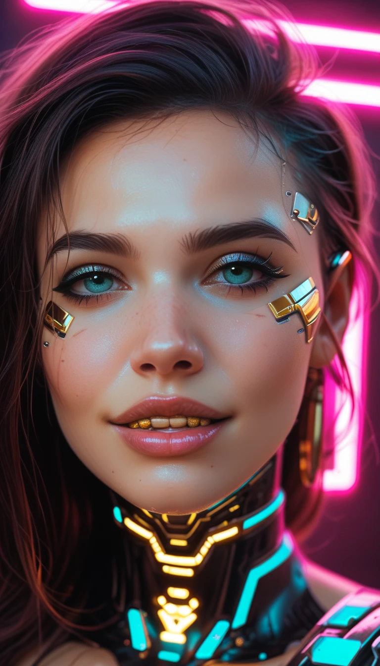 masterpiece, close-up of a robot woman's face, there are parts of the skin of the face that are torn off and contain circuits and microchips, cyberpunk style work in 8K high definition, the character smiles happily and a gold tooth appears between her teeth, Your environment is a tangle of intricate circuits connected to neon lights and intricate geometric structures.