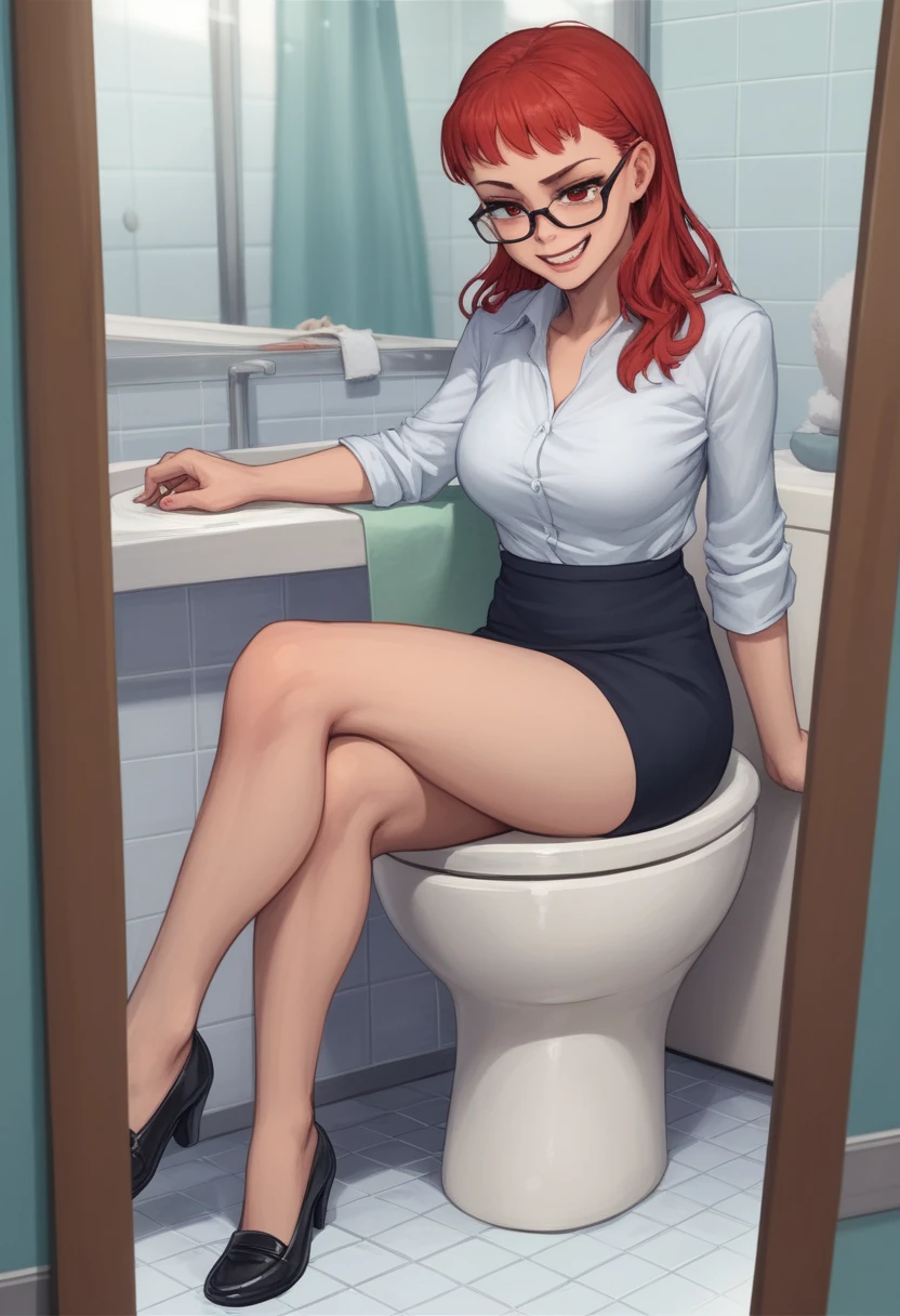 the scene is of a perverted teacher who is caught red-handed by a student, the teacher has an excited and scared face in the school bathroom, the perverted teacher is a woman with long red hair and glasses and dressed as a teacher, she is thirty years old, the perverted woman is sitting on the bathroom with her legs open with one hand between her legs as if she were trying to hide something by holding up her skirt, the woman is caught red-handed in the school bathroom doing something perverted.) expression: (terrified but excited, the teacher's legs are open.)
background image in the mirror the image of a teenager with an evil smile that is reflected in the large mirror that is behind the perverted teacher, the boy is in front of the teacher smiling evilly. Anime, hentai,