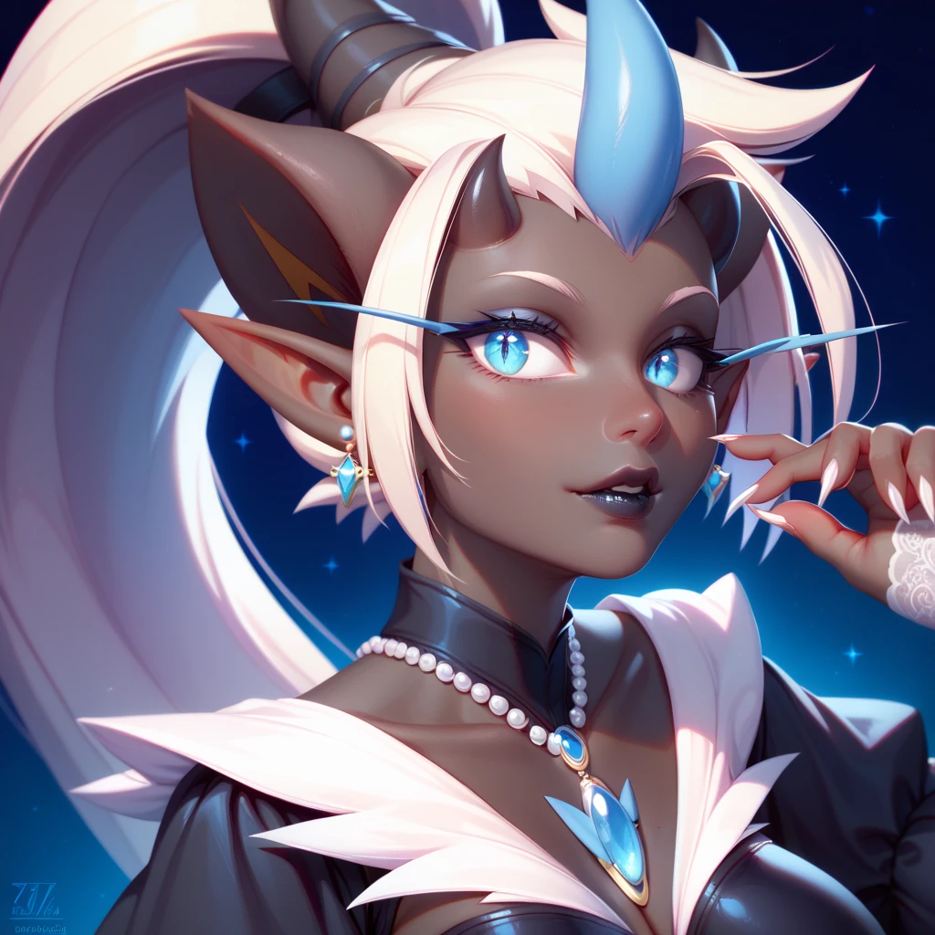 score_9, score_8_up, score_7_up, ((Masterpiece)), ((highres)), ((1girl, solo)), Random poses, beautifully detailed succubus girl, ((white mohawk w/long ponytail)), (((defined elf ears with ear guages))), defined eyes, pastel iris, long eye lashes, defined nose, black lipstick, curvy, (((Black skin))), (((black demon horns))), breasts, night sky, pastel gothic style, gothic style art, gothic asthetic, (((mulitcolored background))), (((bust shot))), (Zeraora), Pokemon art style
