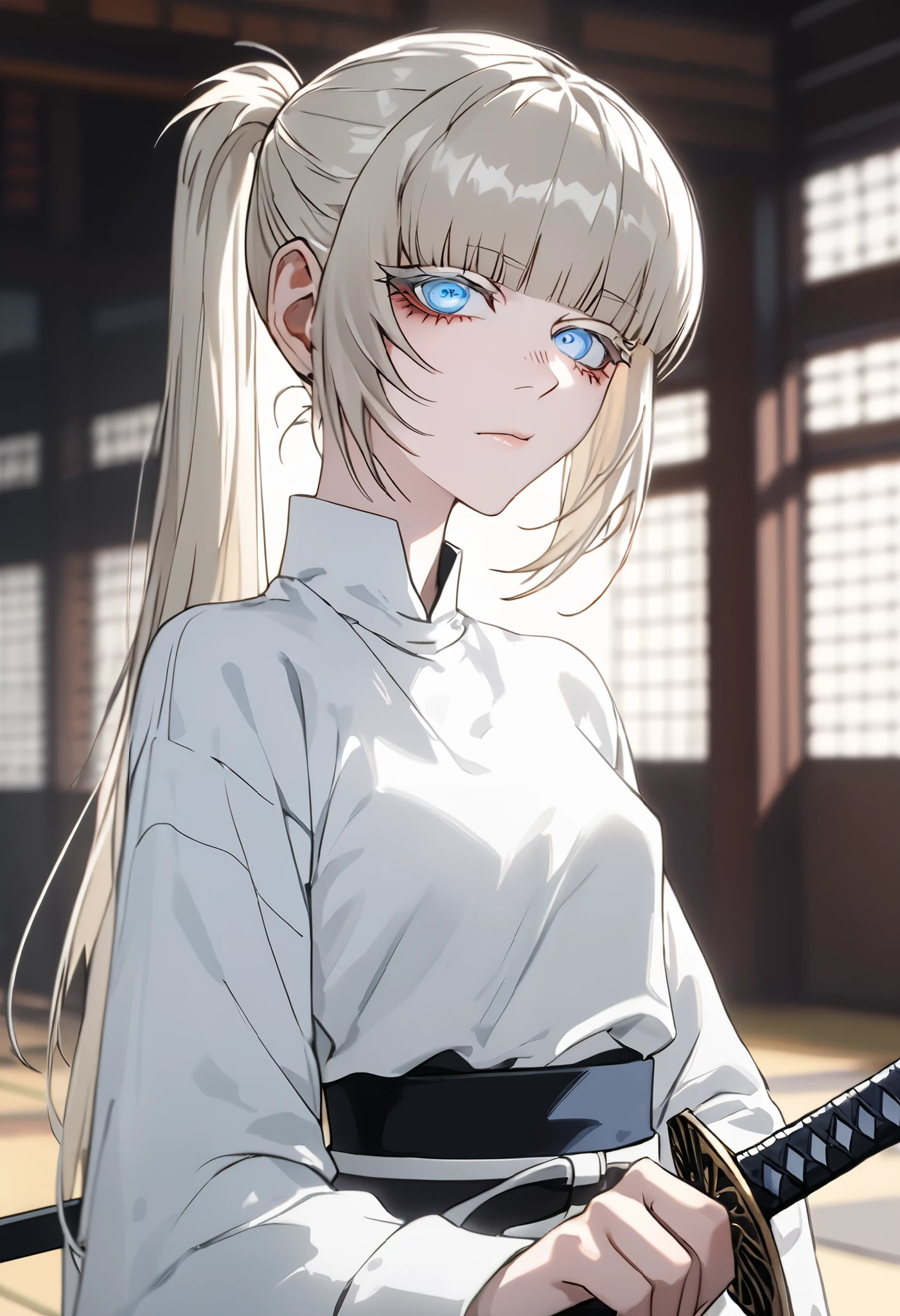 Anime style, 1 girl, 1 sexy girl, white pale skinned girl, porcelain skin, blue eyes, (HAIR: light blonde straight cut, long length, full bangs covering eyebrows, side framing fringe, extra long hair ) (BODY: flat chested, skinny, short )(best quality, 4k, 8k, highres, masterpiece:1.2), ultra-detailed, HDR, UHD, studio lighting, detailed eyes, ultra-fine painting, sharp focus, physically-based rendering, extreme detail description, professional, vivid colors, in a dojo, holding a katana, score_9, score_8_up, score_9_up, source_anime