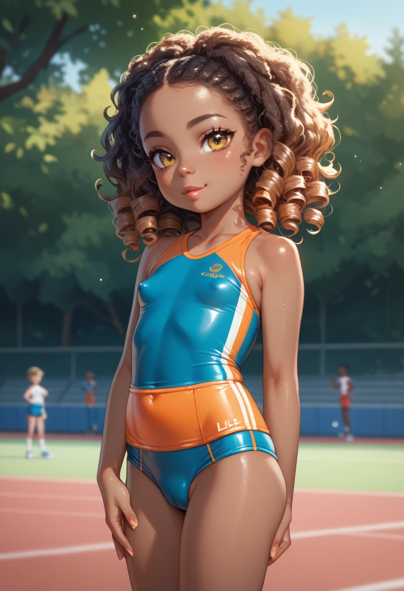 a 4-yr old african girl, young, little, Age Regression, Lolicon, Loli, toddler, curly hair, small breast, amber eyes, dark skin, sport outfit, tight underwear, outdoor background