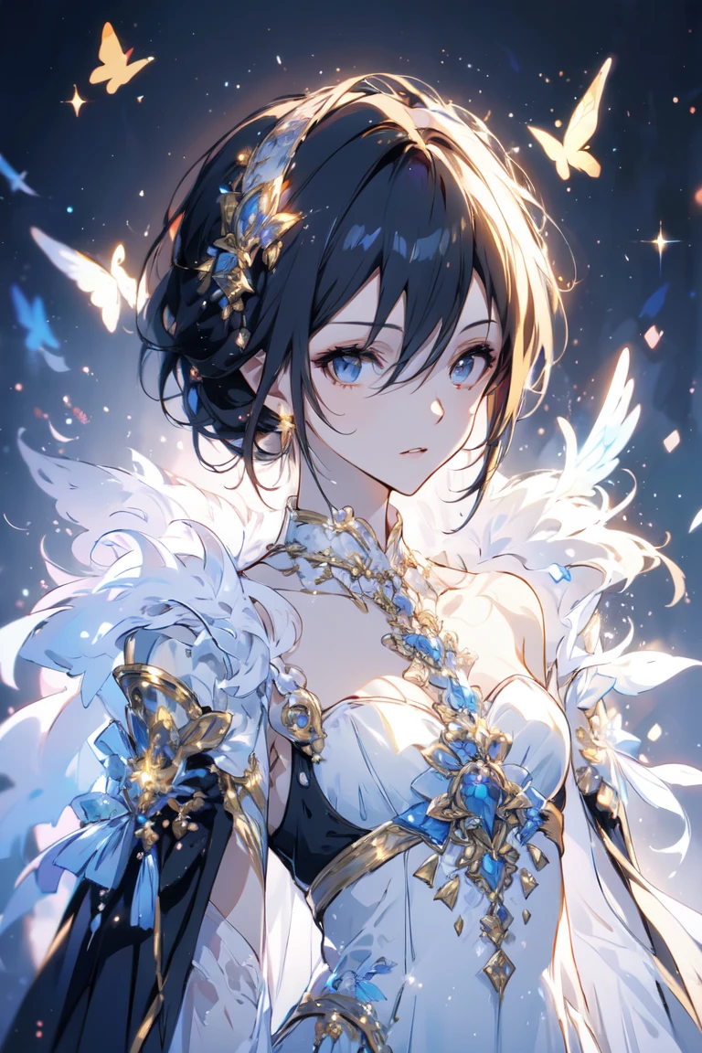  dark-haired woman, golden eyes, white victorian style dress,  white skin, Elegant, Copyright Fees,  young woman in hot suit,  unique ,  mature,  beautiful ，Female Kirito 