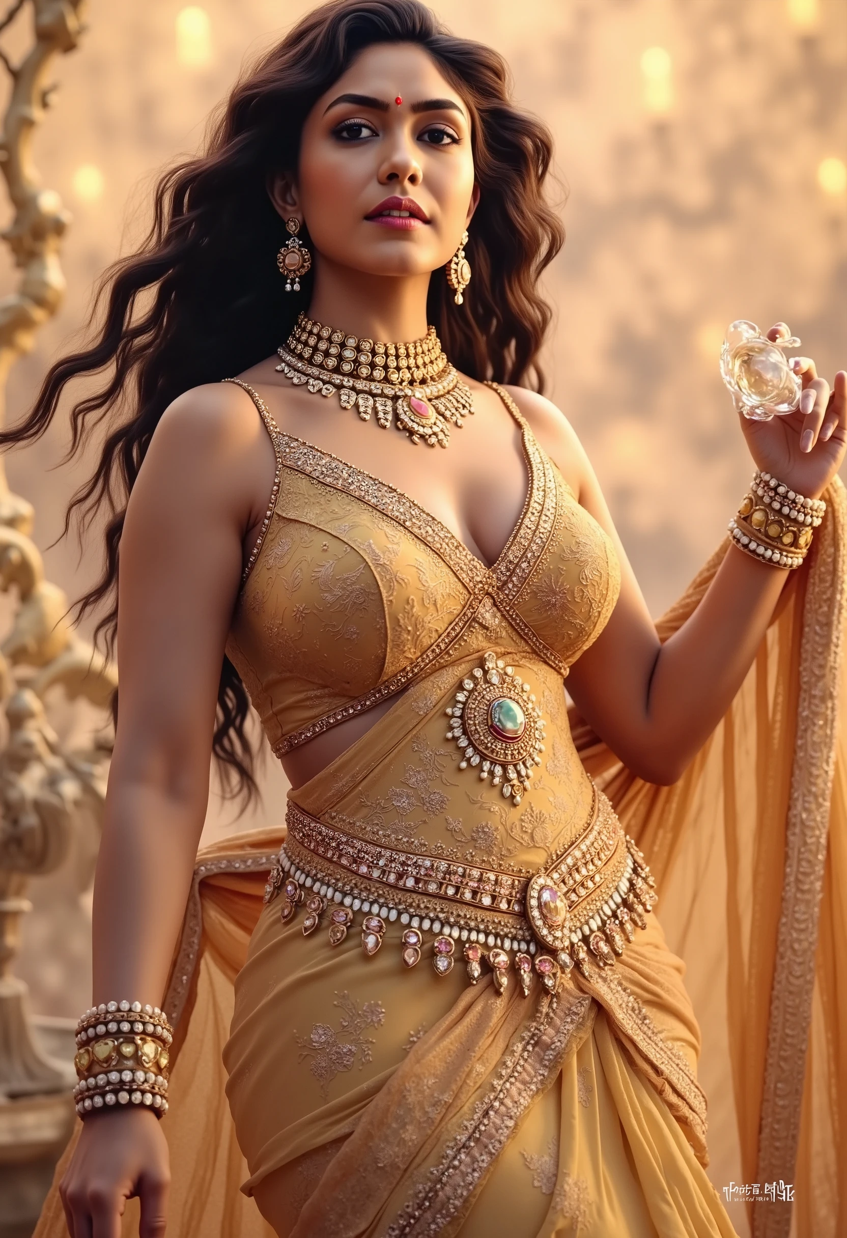 Mrunal as beautiful Indian goddess, goddess of beauty, inspired by Hindu mythology, fleshy thick figure, ideal fat body, alluring figure, Hindu Mythological goddess, with thick busty body and huge wearing and gemstones jewellery, curly long hair, dress made of beautiful jewellery and gemstones,