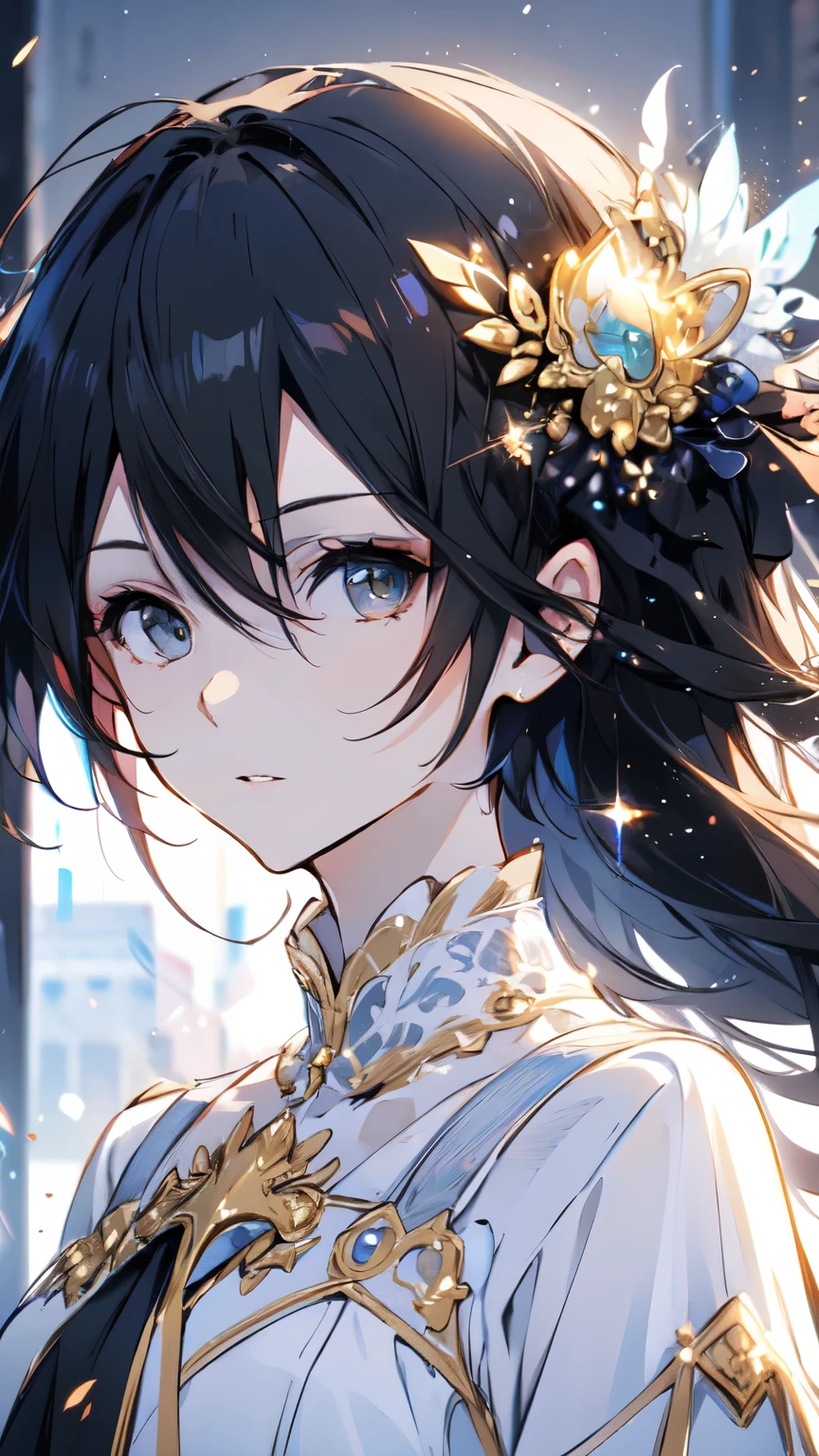 dark-haired woman, golden eyes, white victorian style dress, white skin, Elegant, Copyright Fees, young woman in hot suit, unique , mature, beautiful ,Female Kirito