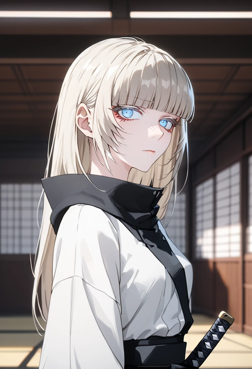 Anime style, 1 girl, 1 sexy girl, white pale skinned girl, porcelain skin, blue eyes, (HAIR: light blonde straight cut, long length, full bangs covering eyebrows, side framing fringe, extra long hair ) (BODY: flat chested, skinny, short )(best quality, 4k, 8k, highres, masterpiece:1.2), ultra-detailed, HDR, UHD, studio lighting, detailed eyes, ultra-fine painting, sharp focus, physically-based rendering, extreme detail description, professional, vivid colors, in a dojo, holding a katana, score_9, score_8_up, score_9_up, source_anime