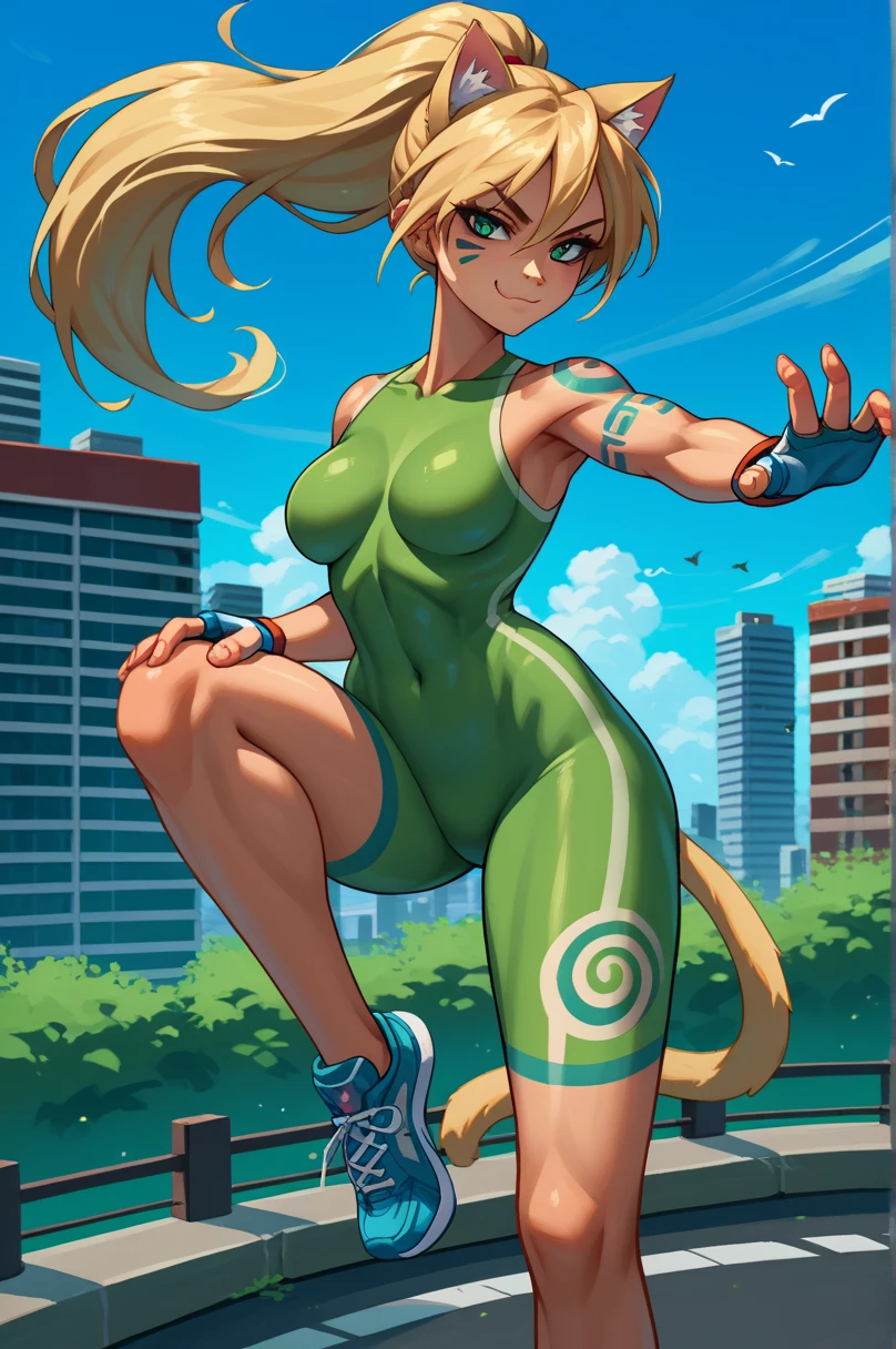 score_9, score_8_up, score_7_up, score_6_up, source_anime, 1girl, solo,  btlgl, blonde hair, green feline, cat ears eyes, ponytail, body tattoos, nude, tribal face and bodv tattoos, skin tight, fingerless gloves, blue sky, city, dynamic pose, standing split, looking at you, breasts, smug, sneakers, fit