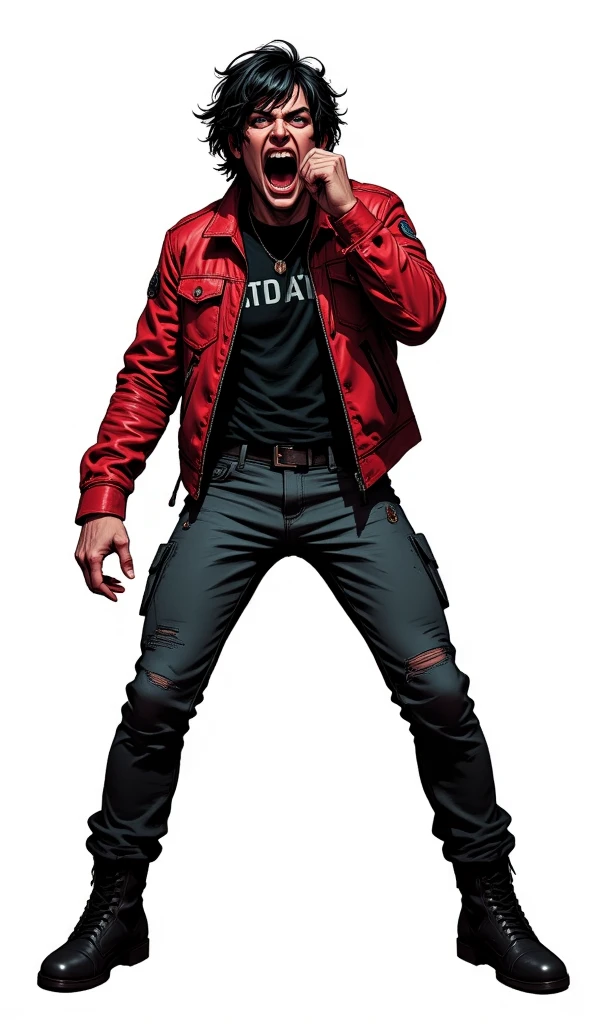Leonardo Style, Stylized Punk Rock Singer screaming , full body view, looking at viewer, cell shade art style, comic book , insane resolution , white solid background, <Eldritch Comics (comic book style illustration cinematic, vibrant, cinematic moviemaker style