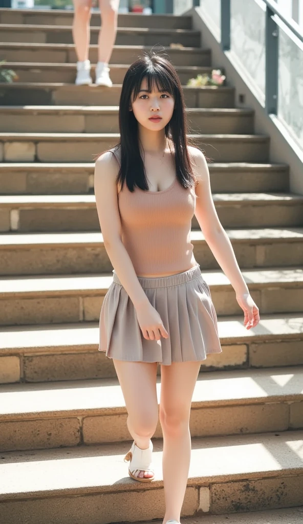 (((Big Breasts:1.52)))、((View angle from below、 top quality、masterpiece、32K、Every Little Detail ))、Descend the outdoor stairs、commute、Systemic symptoms、Very loose camisole、 pleated skirt 、((( Strong wind blows my hair and skirt:1.62)))、((The shoulder strap can be worn diagonally.:1.83))(( very accurate and accurate anatomy:1.0)), (photo  realistic :1.4), (hyper  realistic :1.4), ( top qualityの realistic な肌の質感:1.4), (Improved quality:1.4), (  enhances the beauty of the skin texture  :1.1), Clean, glowing skin, mesh, thin:1.2, ( realistic :1.3),  realistic なライティング, (  smoother lighting  :1.05), ( improves film lighting quality:0.9), Backlight, A gentle light for your face,  ray tracing, ( bright light:1.2), 32K,  1 Japanese Woman, fine grain,  detailed face , ( Film Grains :1.1),( body line :1.1),  high definition ,  Natural Look , Kind eyes, Improves hair quality,  Delicate Shading , 、 One Girl , Alone、((( miniskirt,  no underwear:1.22)))、Big Breasts、barefoot,  high heels