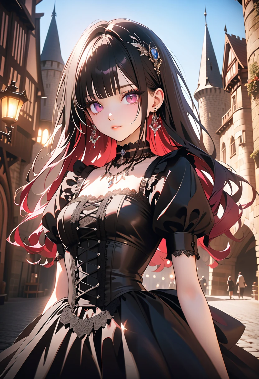 1 girl, ((beautiful girl in Lolita fashion: 1.4)), attractive face, elegant, gorgeous, (gothic lolita dresses, choker, earrings, rings, jewelry), luxurious, detailed beautiful face, (shiny hair, long hair), glowing eyes, light reflecting in the eyes. (finely detailed beautiful eyes: 1.2), double eyelids, (eyelash: 1.2), (eye shadow: 1.2), at a medieval european castle, (cowboy shot, from front, face focus), deep depth of field, stunning, fascinating, enchanting, cinematic lighting, cinematic composition, anime style, vibrant colors, thin lines, dreamlike, absurdres, highres, masterpiece, best quality, newest, very aesthetic, ultra quality, high detailed, anatomically correct, perfect hands, (anime art style),