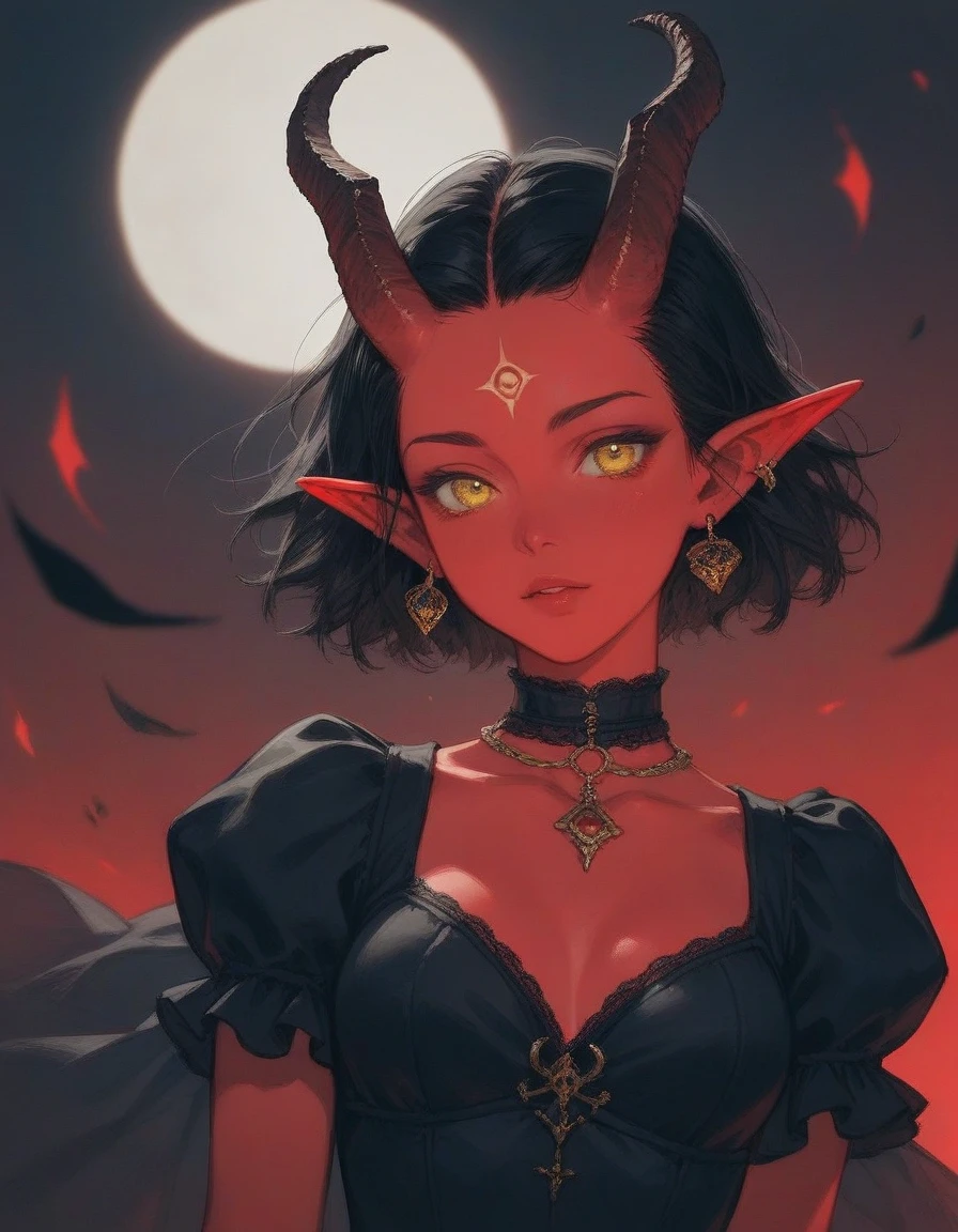devil girl, corpo curto, Bblack hair, orange eyes, shining eyes, red skinned, antlers, a broken horn, choker, serious face, semi-realistic style, outline, background of hell, dark sky background, moon light, face up close