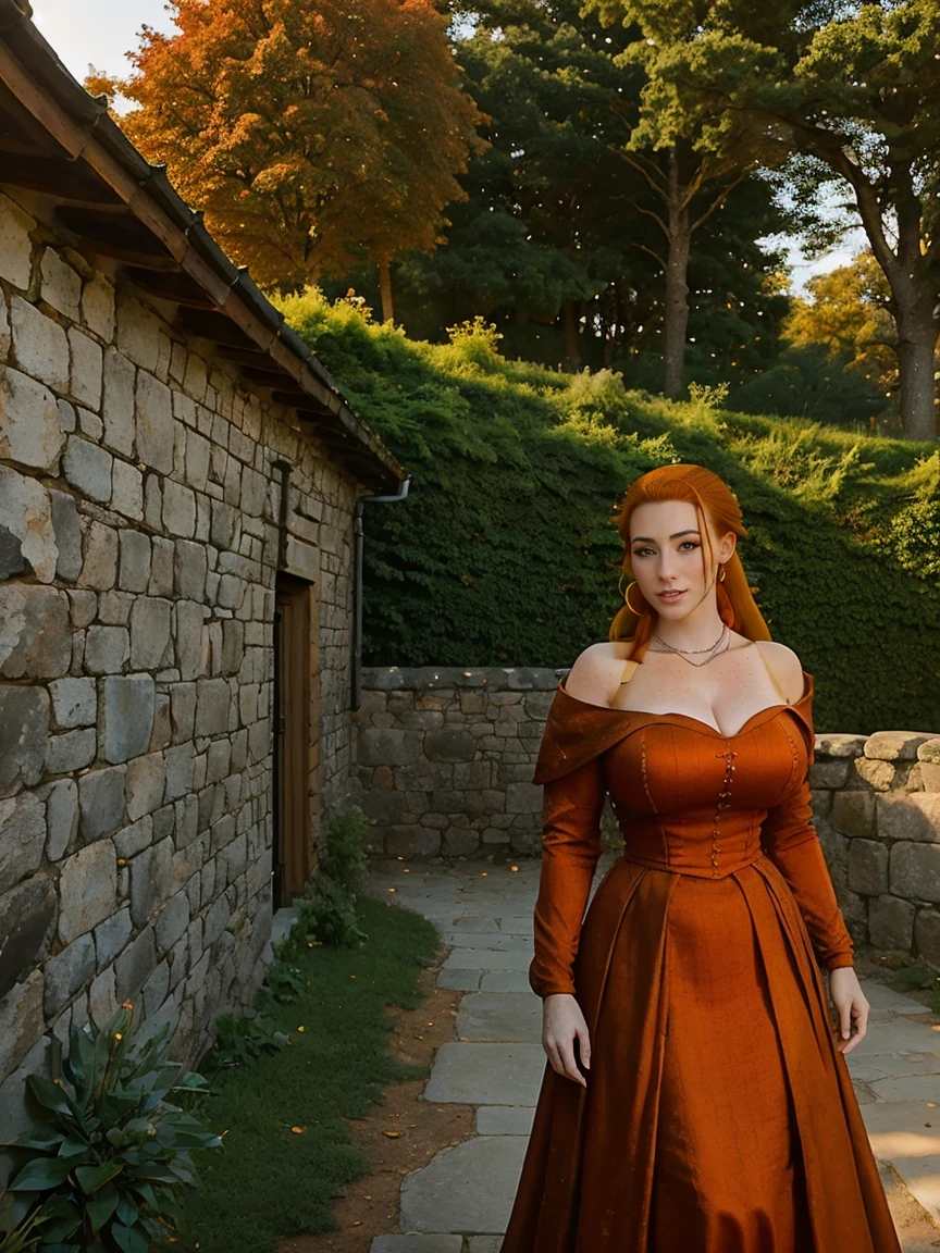 a beautiful girl with long red hair in a braid, wearing a off-the-shoulder dress, standing in a castle courtyard with a flower garden, looking directly at the viewer with a cute smile, detailed facial features including big blue eyes, freckles, and makeup, dynamic angle and pose, rule of thirds composition, dynamic perspective, dynamic line of action, full-body shot, 50mm lens, highly detailed, HDR lighting, cinematic composition, perfect anatomy, no underwear, large breasts