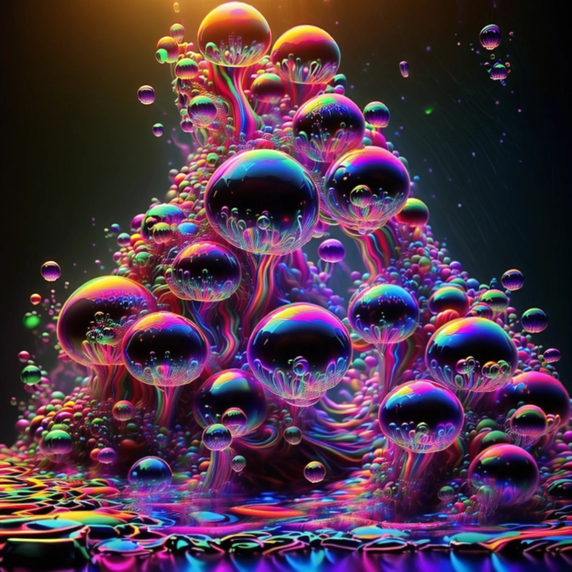 A close up of beautiful bubbles floating on top of each other, LSD, DMT imagery. GlowingNightmare, smile, neon colors, glowing, GlowingRunes_pink, GlowingRunes_green, GlowingRunes_paleblue, psychedelic droplets of water, abstract liquid, and intricate rainbow art. octane render, black 3d fluid simulation,  ethereal bubbles, swirling liquids, and highly detailed, octane render, reflective rainbow bubbles, twisted colors inside of glass spheres, Psilocybin Dream inside an amazing image of light emerging from colors in a shimmering glass morphing out of colors, bright neon and fluorescent colors,very bright, vibrant colors, perfectly formed and symmetrical reflective bubbles and spheres, attention to detail with these beautiful bubbles and spheres, Extreme Hallucinations in a gorgeous piece of  psychedelic digital artwork, Stunning, pixel art, tripped out colors, 4d mandelbulb psychedelics, glass like psychedelic landscape, intricate rainbow environment, psychedelic underwater brightness and glow with neon colors, glowing colors twist inside of translucent glass spheres and bubbles with light and color reflecting off of both in bright fluorescent colors, psychedelic trip, fluorescent and neon aesthetic, psychedelic vibrant colors, bright psychedelic paint splattered backgrounds,swirling spirals and vortex, bright vibrant colors popping out from 3d glass spheres, Rotational Symmetry, Pixel Assets, Portrait photography, Surrealism, Photorealistic, Hyperdetailed, Glass Morphism, Digital Art, Sparkle, Optical Illusion, Glowing Light, Reflective Light, Overexposure, Backlighting, Depth Of Field, Spheres and bubbles show perfect Symmetry, UHD, High Details, High Quality, Super Detailed, Full Focus, Awe inspiring, Shockingly unique wallpaper art, Breathtaking, Indescribably Beautiful, Heaven sent images, Best Quality, Award Winning, Masterpiece. psychedelic droplets of water, abstract liquid, and intricate rainbow art. octane render, black 3d fluid simulation,  