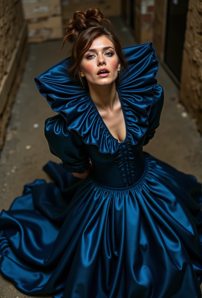 (realistic photograph close up sideways victorian) (birds eye view), (a big bust slender waist pleased beautiful orgasm looking kneeling lady with (messy hair bun)), (she is wearing (an exaggerated elaborate shiny indigo silk high neck dress with (long extremely big puff sleeves), (and a narrow very high reaching up to her cheeks stand-up collar) (with a gigantic ruffle on top of the collar reaching to the top of her head), (and a huge skirt), (she has her hands behind her back)++++, (she is having an orgasm and is looking in the camera with her mouth opened), (she is bowing in a dungeon)