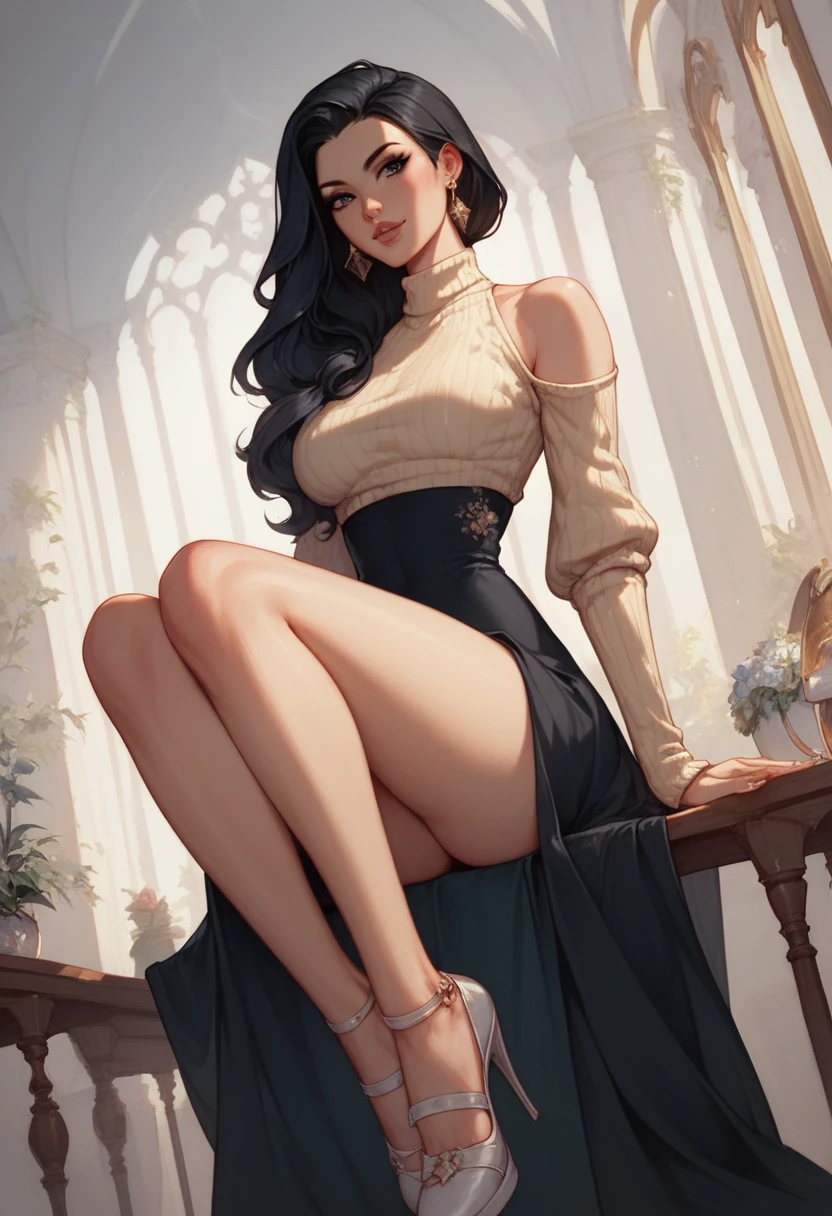 She looks very beautiful ,  she has a slim build and medium height . she has slender legs,  thin waist. She has straight black hair just below her shoulders .  And black eyes look full of melancholy .  She wears mostly closed clothes ,  black long dresses with high pride like sweaters.  sits on her knees , naked 