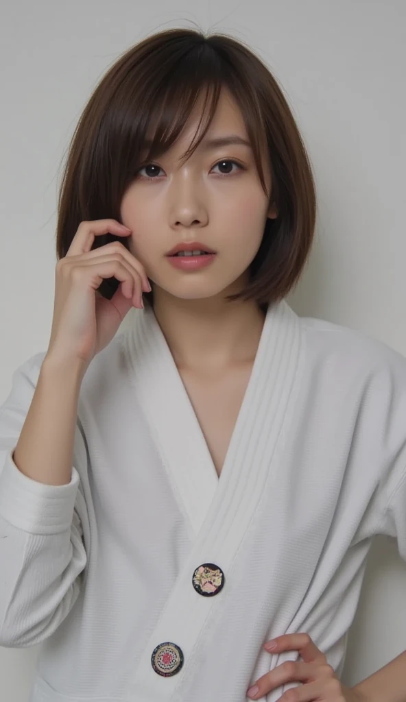 (( top quality, 8k, masterpiece: 1.3)),  sharp: 1.2, Perfect Body Beauty: 1.4,  slim abs: 1.2, (( Layered Hairstyle , Big Breasts: 1.2)), (濡れた White Button Long Shirt: 1.1), ( nudes: 1.2), Close face: 1.5,  highly detailed face and skin textures,   beautiful eyes ,  double eyelids in judo uniforms, Camera orientation