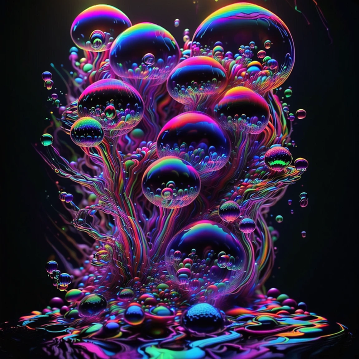 A close up of beautiful bubbles floating on top of each other, LSD, DMT imagery. GlowingNightmare, smile, neon colors, glowing, GlowingRunes_pink, GlowingRunes_green, GlowingRunes_paleblue, psychedelic droplets of water, abstract liquid, and intricate rainbow art. octane render, black 3d fluid simulation,  ethereal bubbles, swirling liquids, and highly detailed, octane render, reflective rainbow bubbles, twisted colors inside of glass spheres, Psilocybin Dream inside an amazing image of light emerging from colors in a shimmering glass morphing out of colors, bright neon and fluorescent colors,very bright, vibrant colors, perfectly formed and symmetrical reflective bubbles and spheres, attention to detail with these beautiful bubbles and spheres, Extreme Hallucinations in a gorgeous piece of  psychedelic digital artwork, Stunning, pixel art, tripped out colors, 4d mandelbulb psychedelics, glass like psychedelic landscape, intricate rainbow environment, psychedelic underwater brightness and glow with neon colors, glowing colors twist inside of translucent glass spheres and bubbles with light and color reflecting off of both in bright fluorescent colors, psychedelic trip, fluorescent and neon aesthetic, psychedelic vibrant colors, bright psychedelic paint splattered backgrounds,swirling spirals and vortex, bright vibrant colors popping out from 3d glass spheres, Rotational Symmetry, Pixel Assets, Portrait photography, Surrealism, Photorealistic, Hyperdetailed, Glass Morphism, Digital Art, Sparkle, Optical Illusion, Glowing Light, Reflective Light, Overexposure, Backlighting, Depth Of Field, Spheres and bubbles show perfect Symmetry, UHD, High Details, High Quality, Super Detailed, Full Focus, Awe inspiring, Shockingly unique wallpaper art, Breathtaking, Indescribably Beautiful, Heaven sent images, Best Quality, Award Winning, Masterpiece. psychedelic droplets of water, abstract liquid, and intricate rainbow art. octane render, black 3d fluid simulation,  