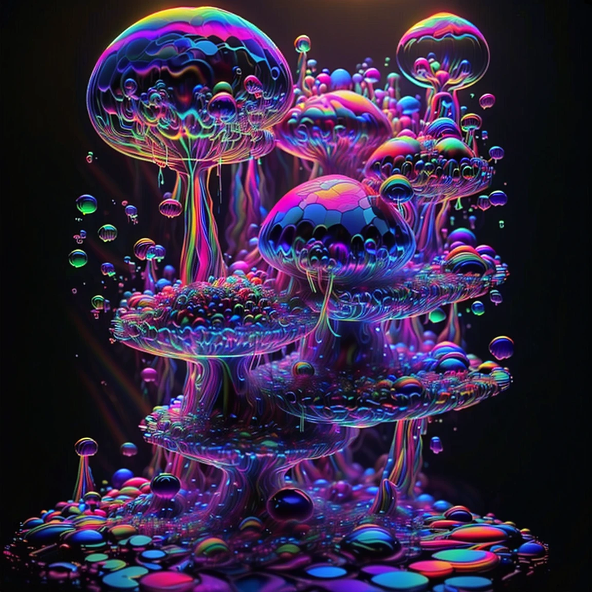 A close up of beautiful bubbles floating on top of each other, LSD, DMT imagery. GlowingNightmare, smile, neon colors, glowing, GlowingRunes_pink, GlowingRunes_green, GlowingRunes_paleblue, psychedelic droplets of water, abstract liquid, and intricate rainbow art. octane render, black 3d fluid simulation,  ethereal bubbles, swirling liquids, and highly detailed, octane render, reflective rainbow bubbles, twisted colors inside of glass spheres, Psilocybin Dream inside an amazing image of light emerging from colors in a shimmering glass morphing out of colors, bright neon and fluorescent colors,very bright, vibrant colors, perfectly formed and symmetrical reflective bubbles and spheres, attention to detail with these beautiful bubbles and spheres, Extreme Hallucinations in a gorgeous piece of  psychedelic digital artwork, Stunning, pixel art, tripped out colors, 4d mandelbulb psychedelics, glass like psychedelic landscape, intricate rainbow environment, psychedelic underwater brightness and glow with neon colors, glowing colors twist inside of translucent glass spheres and bubbles with light and color reflecting off of both in bright fluorescent colors, psychedelic trip, fluorescent and neon aesthetic, psychedelic vibrant colors, bright psychedelic paint splattered backgrounds,swirling spirals and vortex, bright vibrant colors popping out from 3d glass spheres, Rotational Symmetry, Pixel Assets, Portrait photography, Surrealism, Photorealistic, Hyperdetailed, Glass Morphism, Digital Art, Sparkle, Optical Illusion, Glowing Light, Reflective Light, Overexposure, Backlighting, Depth Of Field, Spheres and bubbles show perfect Symmetry, UHD, High Details, High Quality, Super Detailed, Full Focus, Awe inspiring, Shockingly unique wallpaper art, Breathtaking, Indescribably Beautiful, Heaven sent images, Best Quality, Award Winning, Masterpiece. psychedelic droplets of water, abstract liquid, and intricate rainbow art. octane render, black 3d fluid simulation,  