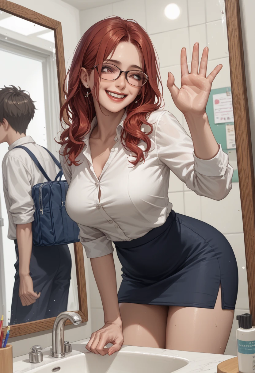 The scene is of a perverted teacher who is caught masturbating in the act by a student in the school bathroom. The teacher has an excited and scared face in the school bathroom. The perverted teacher is a woman with long red hair and glasses and dressed as a teacher, she is thirty years old, the perverted teacher in the bathroom with her legs open with one hand between her legs as if she were trying to hide something and holding up her skirt, the teacher is caught in the act in the school bathroom doing something perverted.) expression: (terrified but excited, the teacher's legs are open.) background image in the mirror the image of a teenage boy with an evil smile that is reflected in the large mirror that is behind the perverted teacher, the boy is in front of the teacher smiling evilly. Anime, hentai, Milf