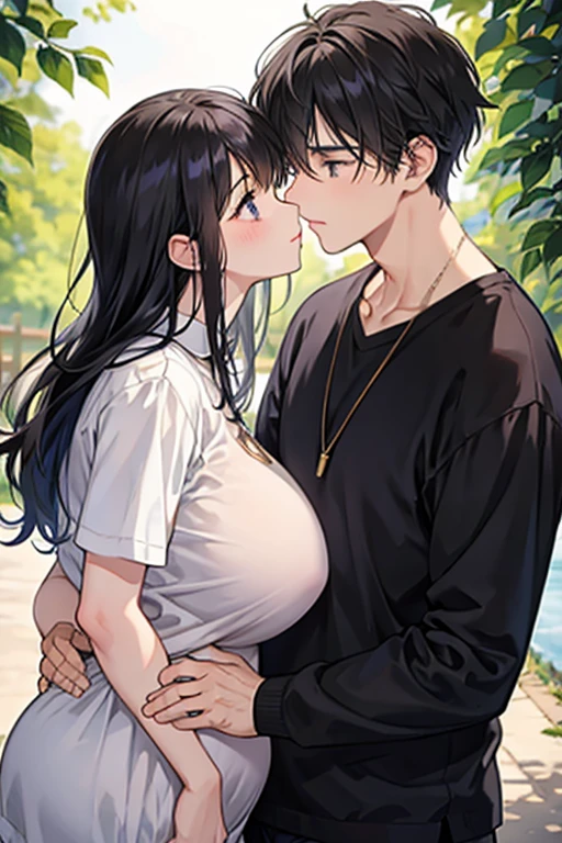 Black haired boy kissing ******** girl