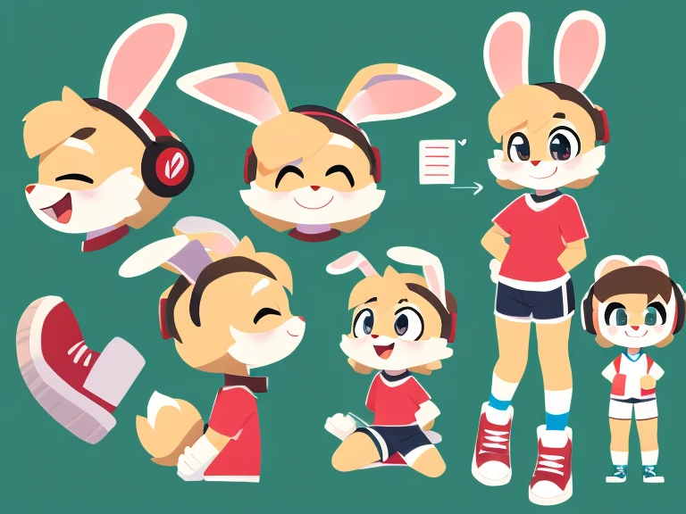 Paper character design, furry boy, cute rabbit, short hairstyle, detailed body, clothes, shorts, shoes, satisfied, wide smile, headphones on the head, art of speech 