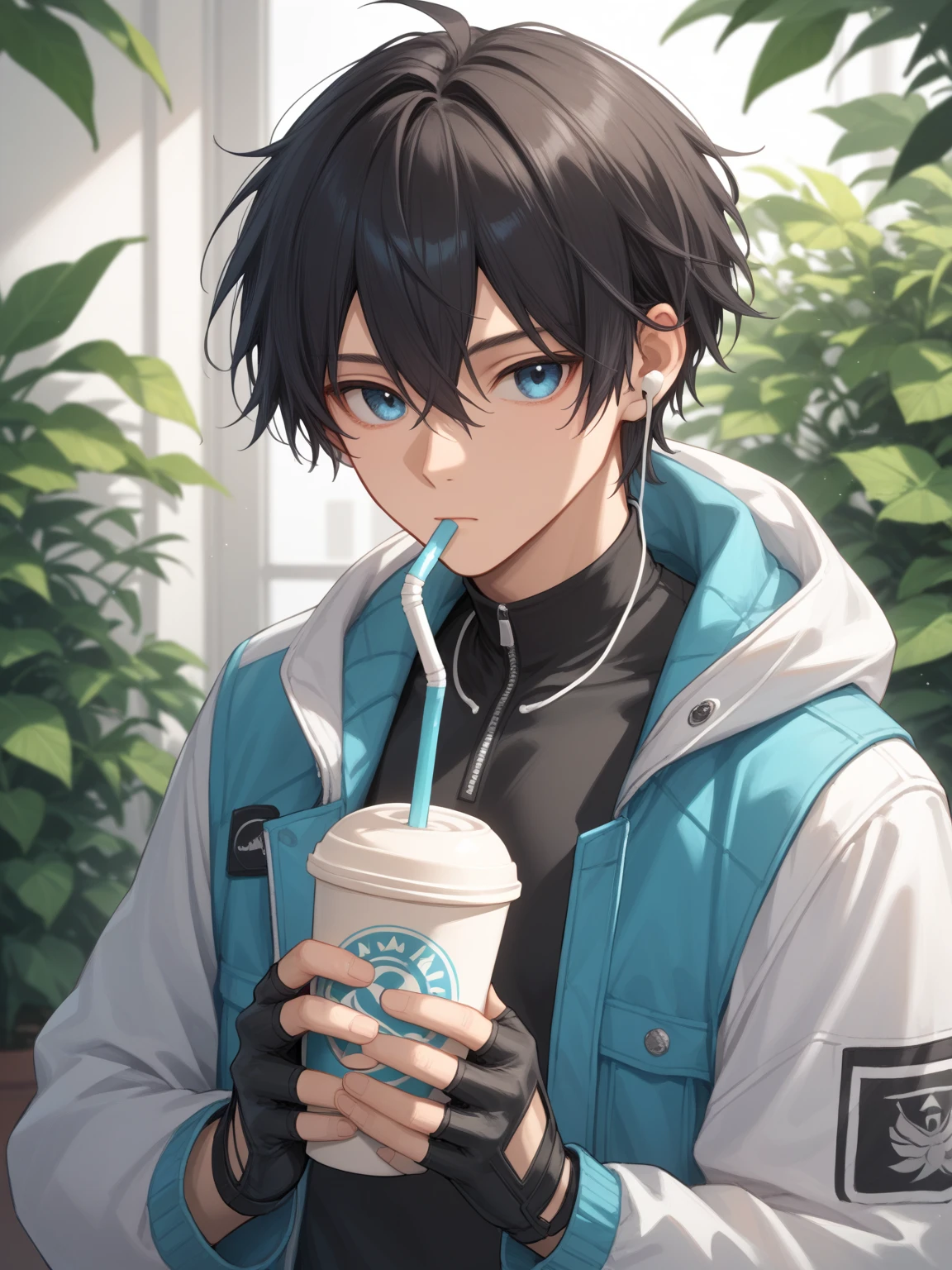 1boy, male_focus, solo, black_hair, blue_eyes, cup, holding_cup, closed_mouth, looking_at_viewer, jacket, short_hair, shirt, gloves, upper_body, long_sleeves, fingerless_gloves, holding, plant, bangs, hair_between_eyes, black_shirt, white_jacket, drinking_straw, open_jacket, open_clothes, disposable_cup, earphones