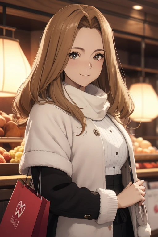 masutepiece, 1womanl, (((Solo))), of the highest quality, Hi-Res, 4K, calm smile,wearing latest winter fashion,looking at viewer,focus face,shopping