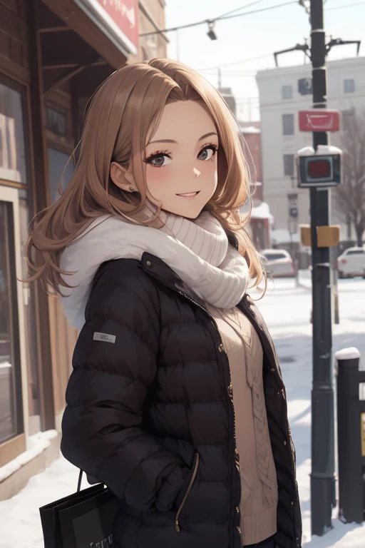 masutepiece, 1womanl, (((Solo))), of the highest quality, Hi-Res, 4K, calm smile,wearing latest winter fashion,looking at viewer,focus face,shopping