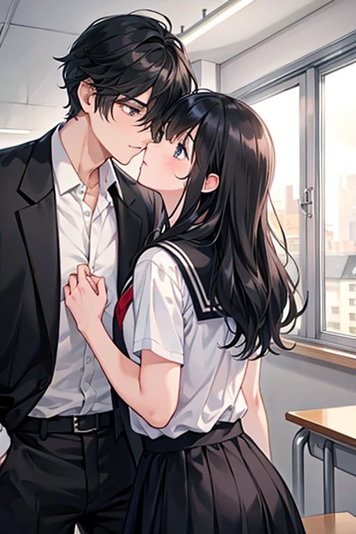 Black-haired wizard man kissing a classmate girl in the back of the schoolhouse