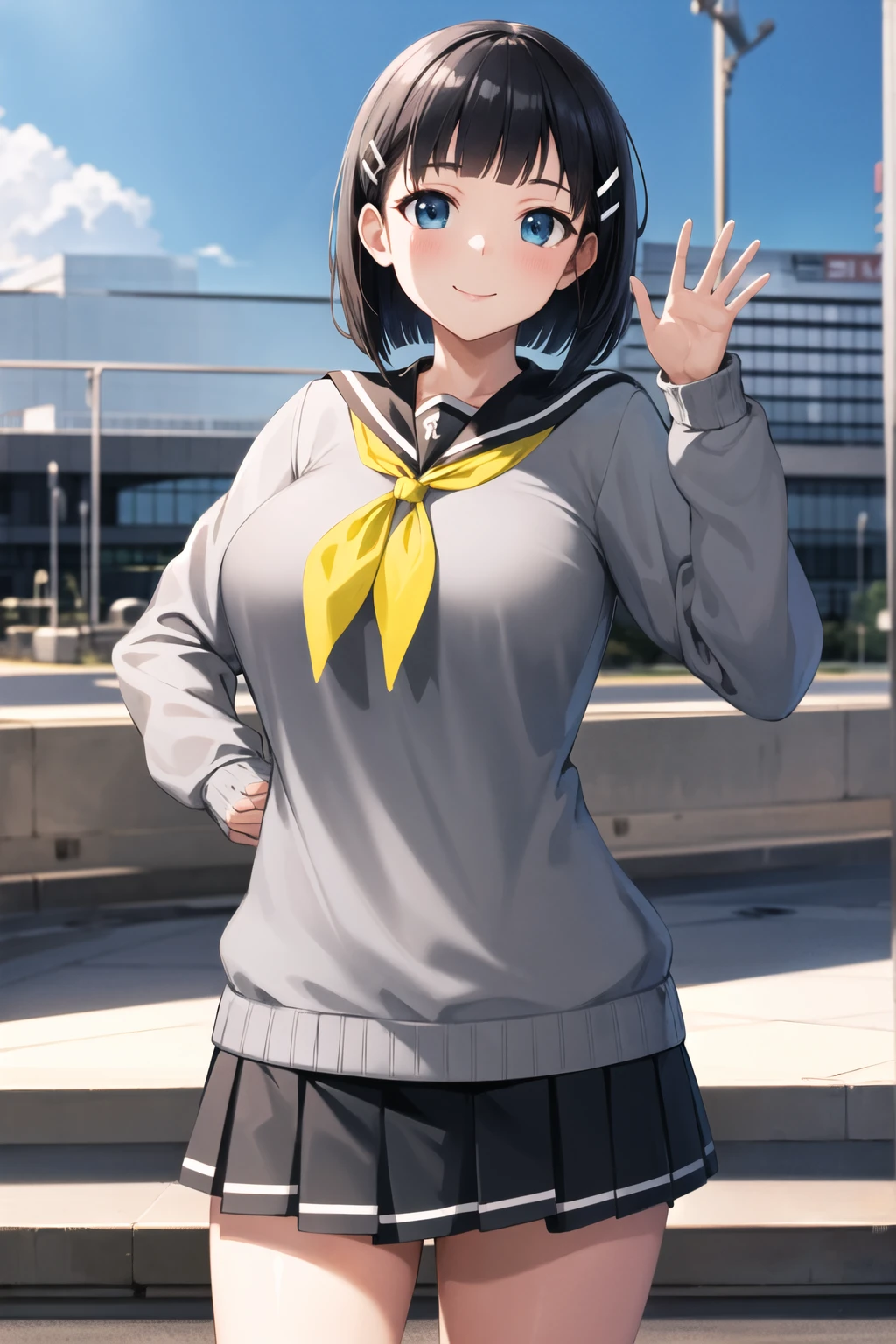 masterpiece、highest quality、High resolution、Anime Girls、solo、Short Hair、Black Hair、Blue Eyes、Hair Clip、Girls with very large breasts、Big Breasts、Grey sweater、Black sailor collar、Yellow neckerchief、Black Skirt、Are standing、looking at viewer、Cowboy Shot, Outdoor、smile、