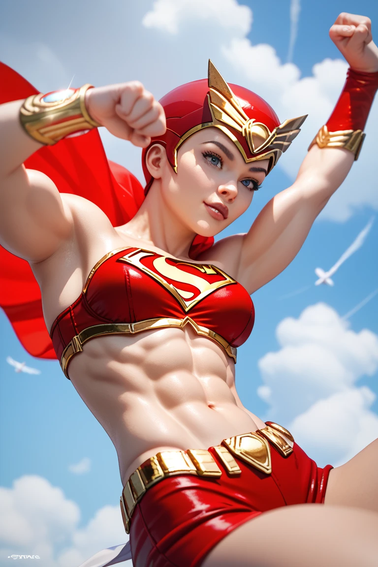 Sexy darna superheroine,flying in the clouds,abs,big tits,red bikini suit,red helmet,high boots,very deep clevage,no wings,flying fast head first,close up view,detailled face,bust image,superman pose