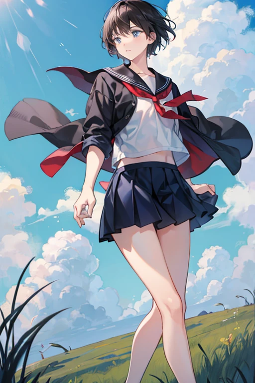 highest quality、masterpiece、8K、Girl straddling a broom、Flying over a Dutch town、black short hair、mini skirt、The wind is blowing up my skirt、Her butt and thighs are completely visible、Her left hand clutched a broom.、Arms raised with right hand making a peace sign、No sleeve、red ribbon on head、Clothes with a wide open chest、full body shot、Draw the left and right feet clearly separated