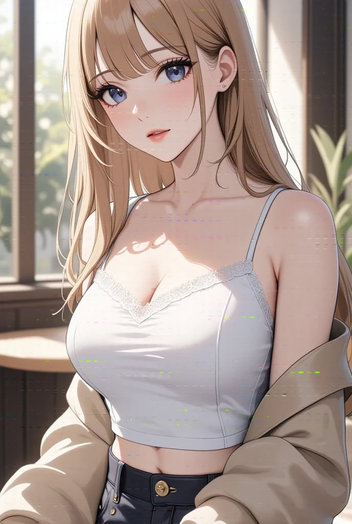  honey-eyed blonde woman ,  tender face and soft features ,  long hair,  white skin ,  big boobs cup size H , strappy shirt, jacket,  shorts, small waist --ar 2 : 3 --personalize sa11dr9 --niji 6