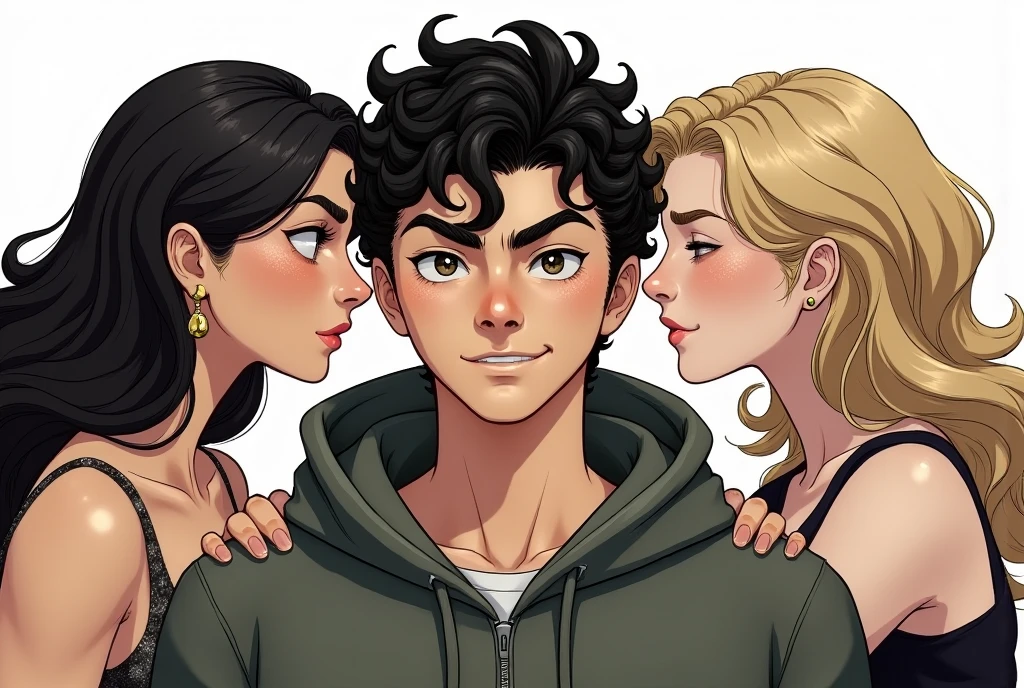 1boy, 2 girls, SFW. Luigi Mangione stands resolute before a blank backdrop, grey-green hoodie cinched high, casting a subtle shadow on his visage. His eyes sparkle with mischief as his mouth remains tightly shut, concealing any hints of his inner thoughts. He is smirking mischievously, his mouth is closed. Thick eyebrows define the shape of his expressive gaze, while curly black locks frame his face. Broad shoulders and the hood's imposing presence exude quiet defiance and calculated intensity. On either side are two beautiful girls, elegantly dressed, looking at the boy in a lustful way.