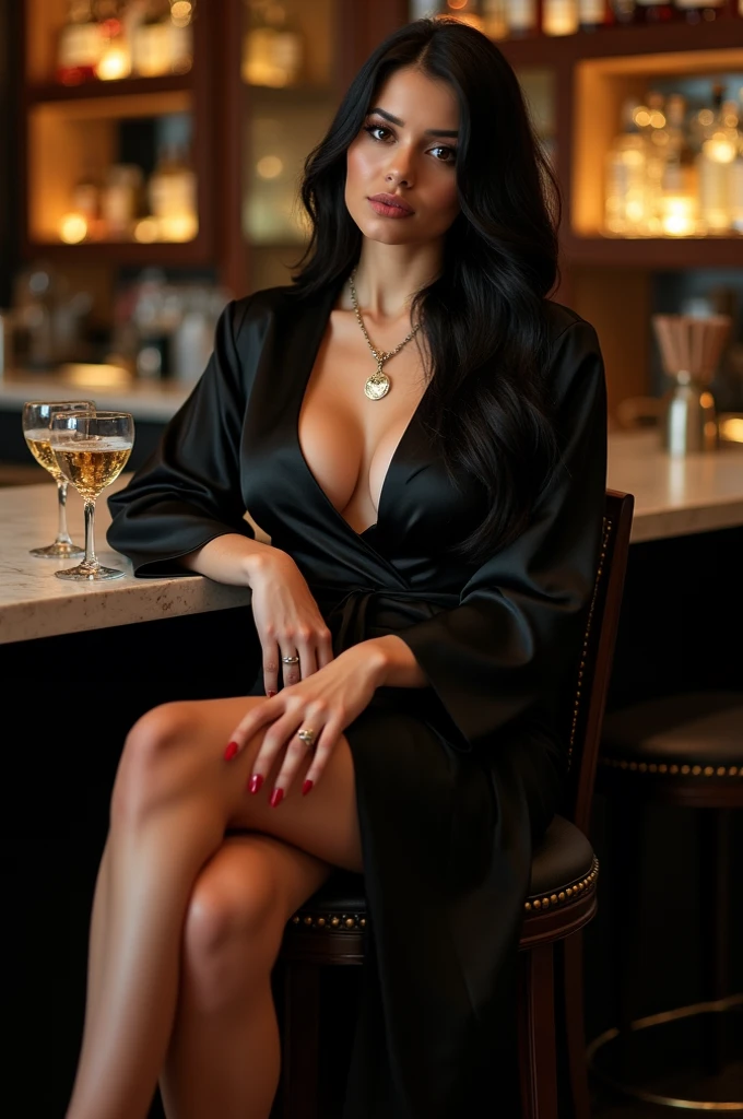 a latina female influencer, extremely detailed facial features, highly realistic skin texture, wearing a low-cut evening gown, sitting in a luxurious restaurant setting, full bust, elegant pose, cinematic lighting, dramatic colors, photorealistic, 8k, masterpiece, chiaroscuro, moody atmosphere