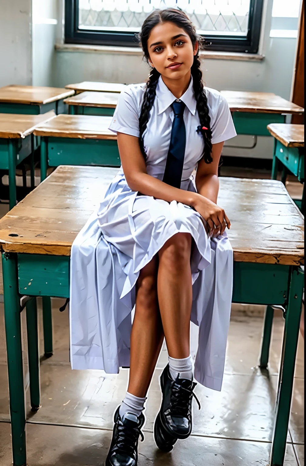 Raw photo , 1 girl  ,Wearing white frock and color tie, white shoes,  (( girl studying on on in the classroom)), with plait, biggest breasts size , professional photographer, (hdr:1.4), masterpiece, ultra-realistic 8k, perfect artwork, intrincate details, cute face, award winning photograph, (Best quality, 8k, 32k, Masterpiece, UHD:1.3) ,