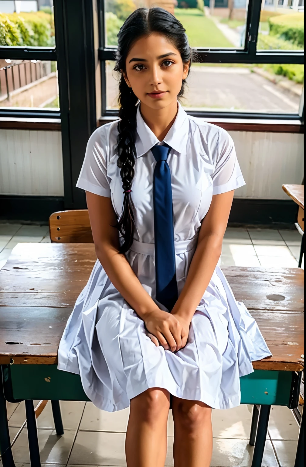 Raw photo , 1 girl  ,Wearing white frock and color tie, white shoes,  (( girl studying on on in the classroom)), with plait, biggest breasts size , professional photographer, (hdr:1.4), masterpiece, ultra-realistic 8k, perfect artwork, intrincate details, cute face, award winning photograph, (Best quality, 8k, 32k, Masterpiece, UHD:1.3) ,