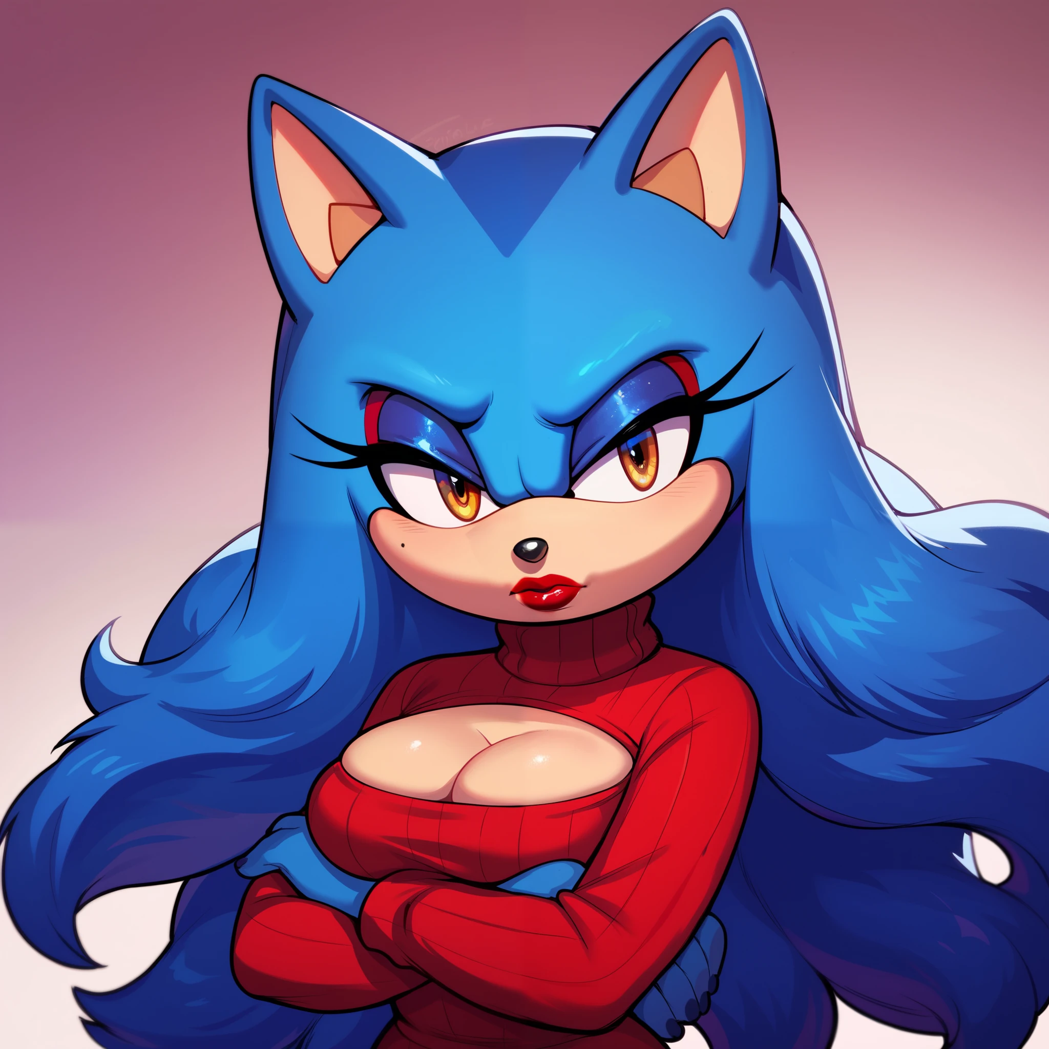 nfsw, (Female Sonic the hedgehog), long wavy quills to resemble long hair, blue fur, medium sized breasts, dressed in a red turtleneck sweater dress, long sleeves, makeup, lipstick, (solo), (1girl), crossed arms, cleavage