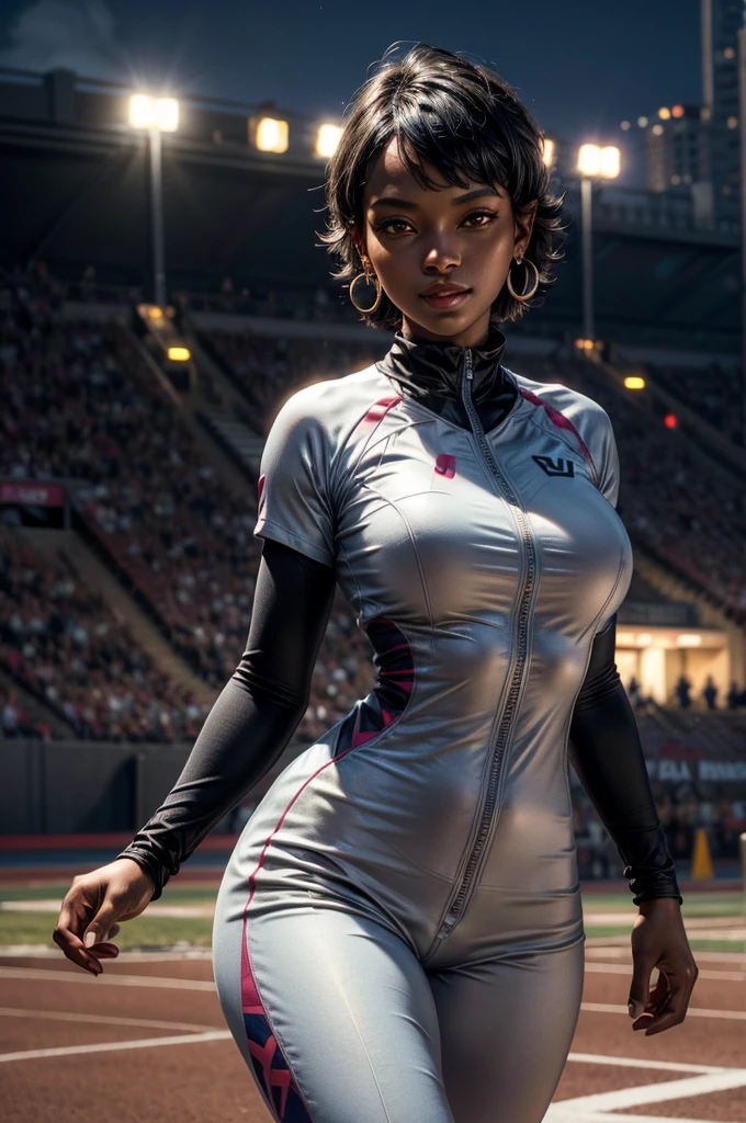 (award winning 64k concept art:1.2) of (black young woman:1.2) in sports wear at the stadium, sweet, posing, front, epic, god rays, centered, upper body, (masterpiece:1.2), (best quality:1.3), Amazing, highly detailed, beautiful, finely detailed, warm soft color grading, (Depth of field:1.4), extremely detailed 64k, fine art, stunning, iridescent, (shiny:1.4), (light reflections:1.3), (crisp:1.6), silver short curls, spring, vibrant, sunlit, (edge detection:1.4), absurdres, impressive, 120mm, glittering, extremely clear, lens flare, spotlight