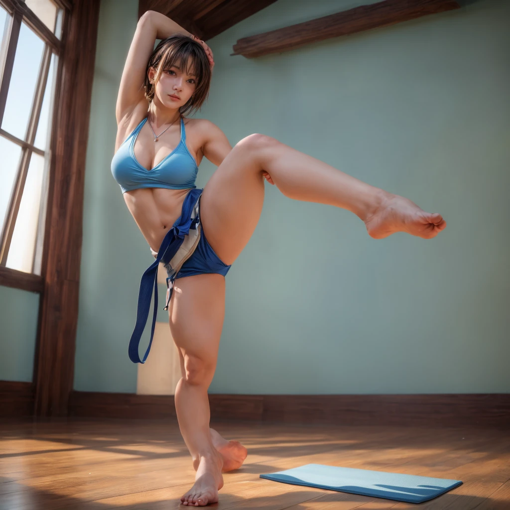 A young woman with short brown hair, a focused gaze, and fair skin is gracefully balanced on a light blue yoga mat. She is in a standing bow pose with one leg extended high behind her, her toes and foot clearly visible, ensuring only a single, naturally proportioned leg is visible. Her other leg is straight and firmly planted on the mat for balance, with no distortion in size. She is wearing a white karate gi with a blue belt, one arm is extended straight to her side, and the other is reaching back to grasp her foot, with only one hand present. Her torso is naturally aligned with no unnatural bulges or thinness, her chest is positioned normally. The background features a room with light blue walls, wooden floor, and large windows with blue curtains, where the outside sky is visible. The lighting is soft, natural, and even, creating a serene atmosphere. The style blends realistic anatomy with a clean, anime-inspired aesthetic, emphasizing a single, balanced figure, masterpiece, best quality, ultra-highres, 8k, detailed face, detailed eyes, intricate detail, dynamic lighting, volumetric lighting, detailed feet, clearly visible toes, accurate foot anatomy, natural lighting, accurate body proportions, correct chest position, single leg pose, one hand grasping foot, balanced leg proportions