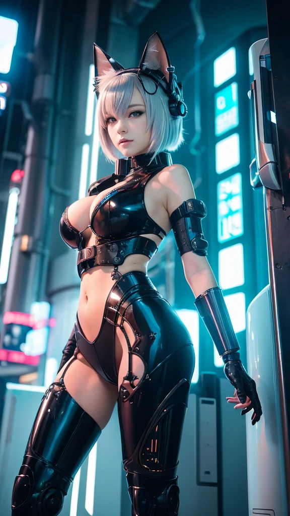8K uhd, materpiece, a beautiful girl, detaild eye, good face, detaild eyebrow, cyberpunk outfit, colorful outfit, cyberpunk, Cyberspace, cyberpunk shining background, neon effect, Spreading lighting, red lighting, sitting, body capture, full body capture,