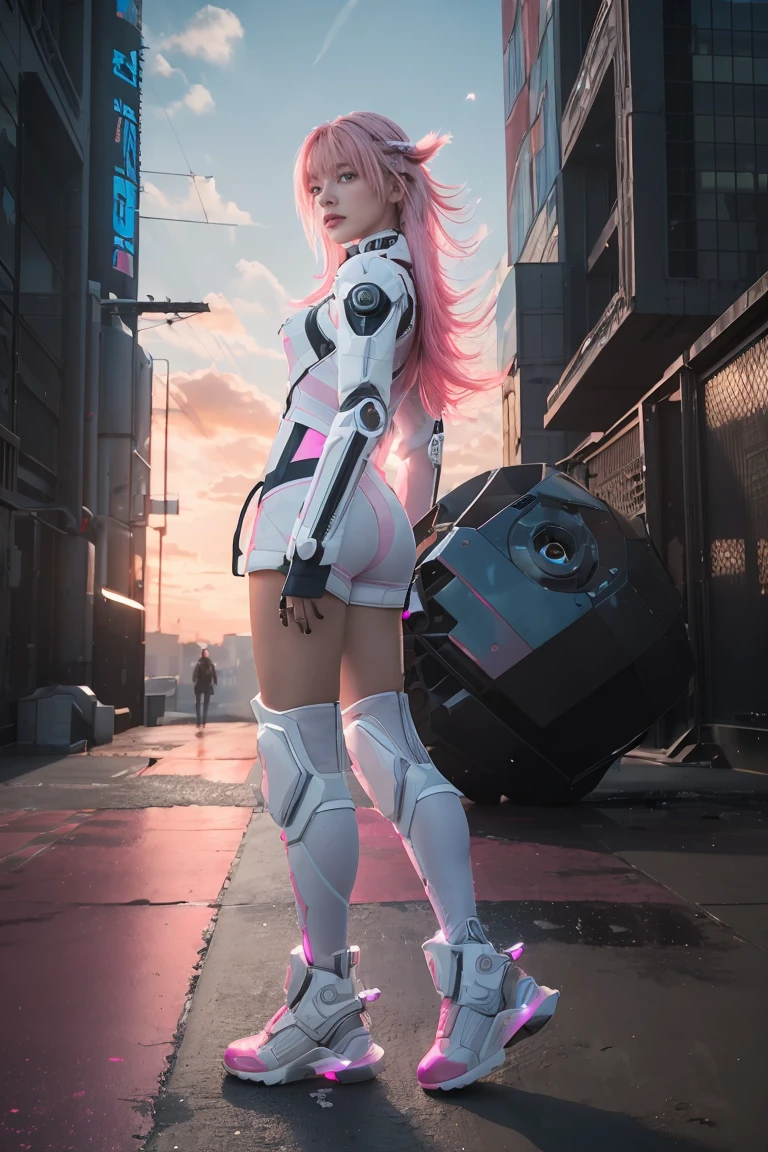 ((masterpiece, best quality, extremely detailed), volumetric lighting, ambient occlusion, colorful, glowing), 
1girl, solo, young girl, (pink hair), long hair, halo, aura, sacred, godness, cyber suit, android, bot, 
outdoors, sunset, sky, clouds, space, (cyberpunk theme:1.2), full body