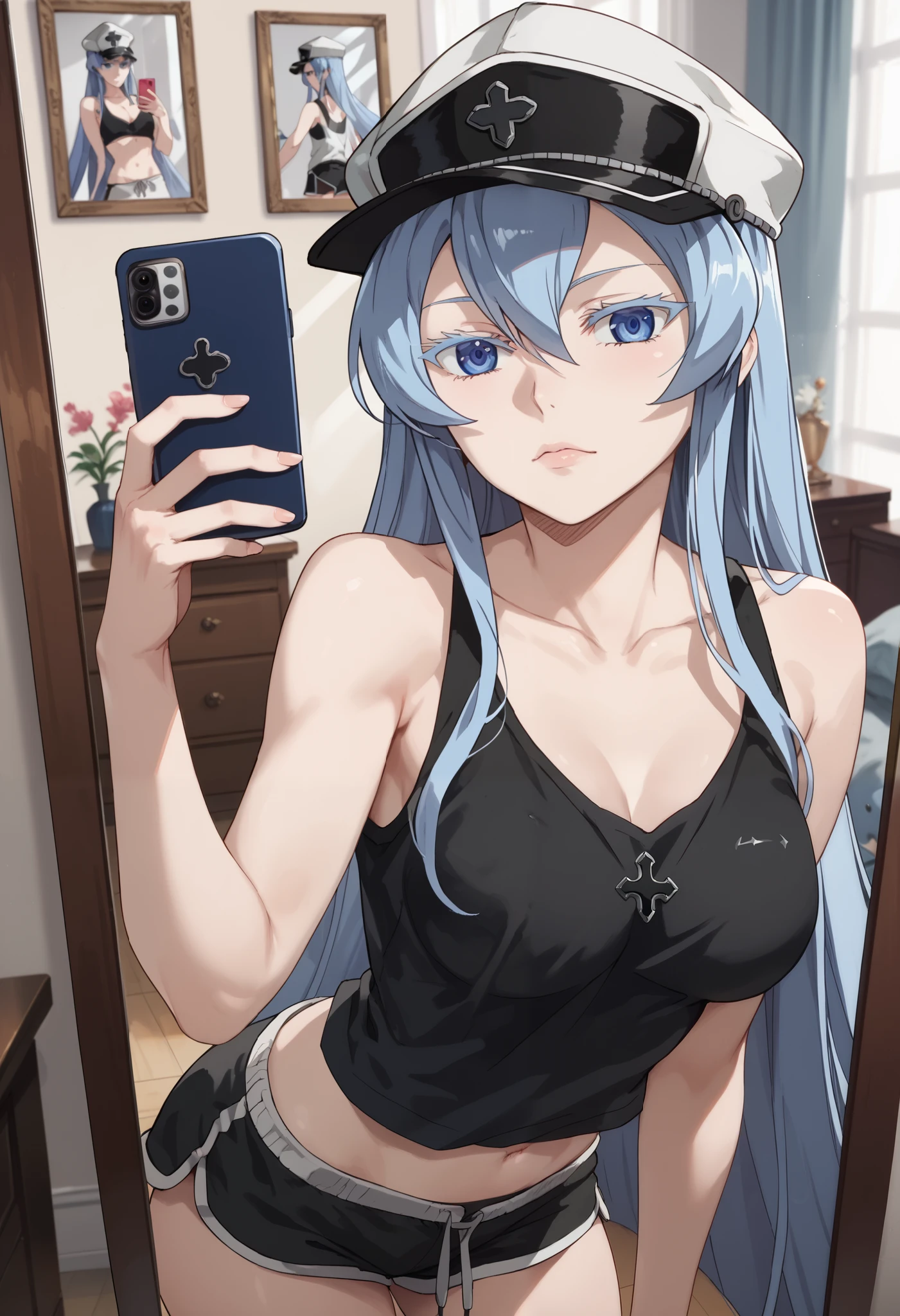 esdeath, 1girl, blue eyes, light blue hair, long hair, eyelashes, solo, black tank top, indoors ,medium breast, dolphin shorts, anime, mirror selfie, holding phone, hat
