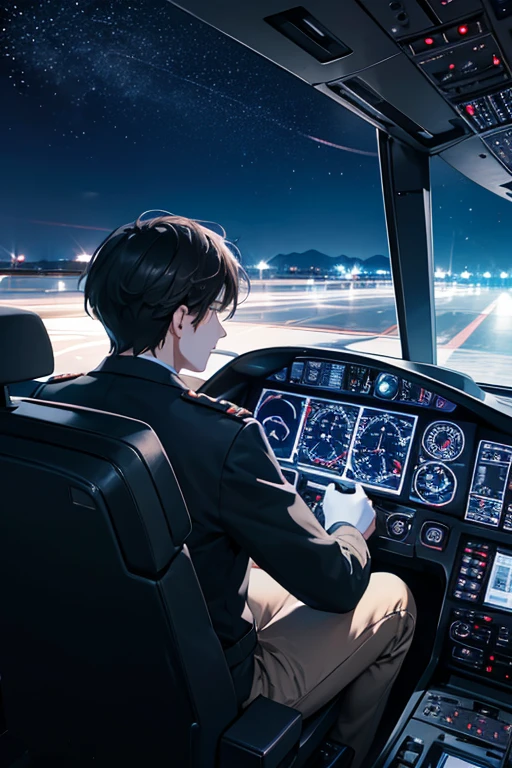 Rear view of a dark-haired pilot man sitting in the cockpit of an Airbus and about to land at the airport at night while circling an airplane