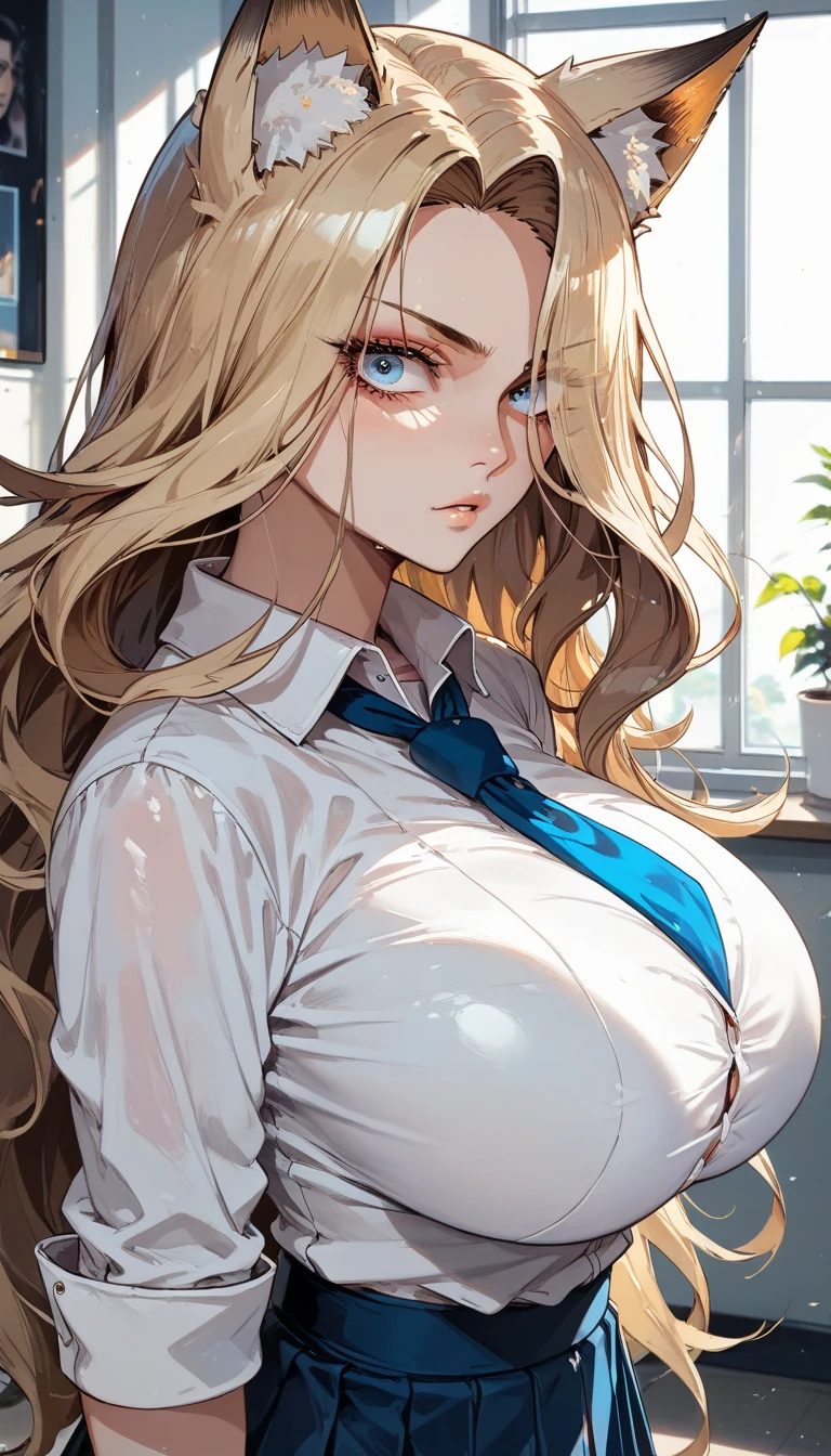 score_9, score_8_up, score_7_up,(hi-quality,high resolution),Cold Stare,(Fox Ears),(forehead,long hair over one eye),((side parted hair)),((huge breasts)),Narrow eyes,Clear Eyes,Perfect Eyes,Blonde,Long Hair,Old room,Magic School Uniform,((Delinquent Girl)),gal,mini skirt, clothes are exposed,