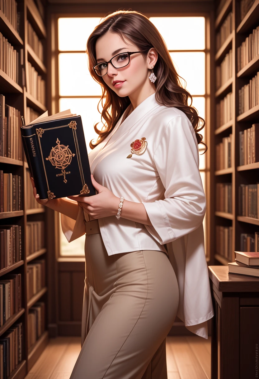 A beautiful young woman in a traditional professor's outfit, wearing glasses, with long brown hair and a kind expression, standing in a library or academic setting, surrounded by books and academic decor, 8k, photo-realistic, highly detailed, cinematic lighting, warm color palette, intricate details, photorealistic, masterpiece, ultra-detailed