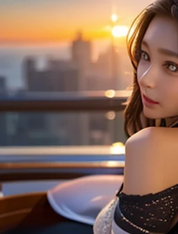  top quality, masterpiece, extremely  Detailsed,  Detailsed background,  1 girl,   beautiful eyes ,  young girl,   long haired girl  ,  Expressive Faces , 神戸のwind景, luxury passenger ship、 outdoor,Port Tower、 sunset,  beautiful ocean, Beautiful Harbor 、 scenery, horizontal line, wind,  petals, spring,  across the tub, Atmospheric lighting, reflection,  Naturalism ,  Details,  realism.  Relaxation, Beauty,  single focus,  close, from side,  is written by, Bokeh