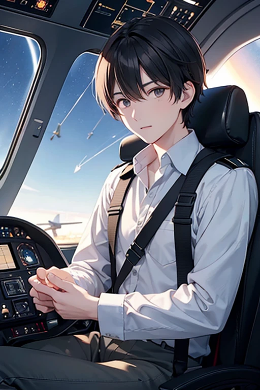 A dark-haired pilot man is sitting in the cockpit of an airplane and is about to land at the airport at night while turning the plane
